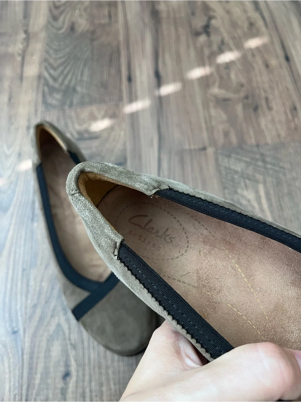 Clarks Olive Taupe Suede Slip-On Flats with Black Trim